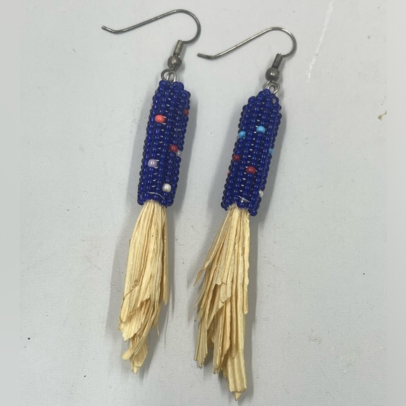 Indian Corn Maize Earrings Navajo Native American Blue Seed Beads Beaded Dangle - Picture 1 of 3